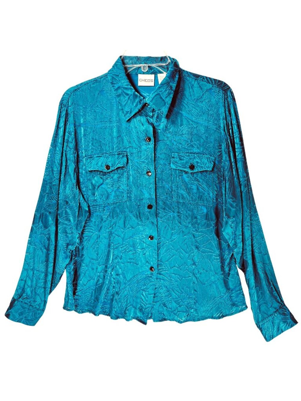 Chicos Sapphire Blue Textured Button Up Blouse Sz 2 Semi Sheer LS Floral Pockets